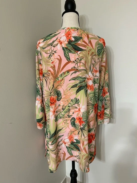 J.Jill Tropical Floral Knee-Length Tunic Size L Pink Green Resort Wear - Picture 2 of 5